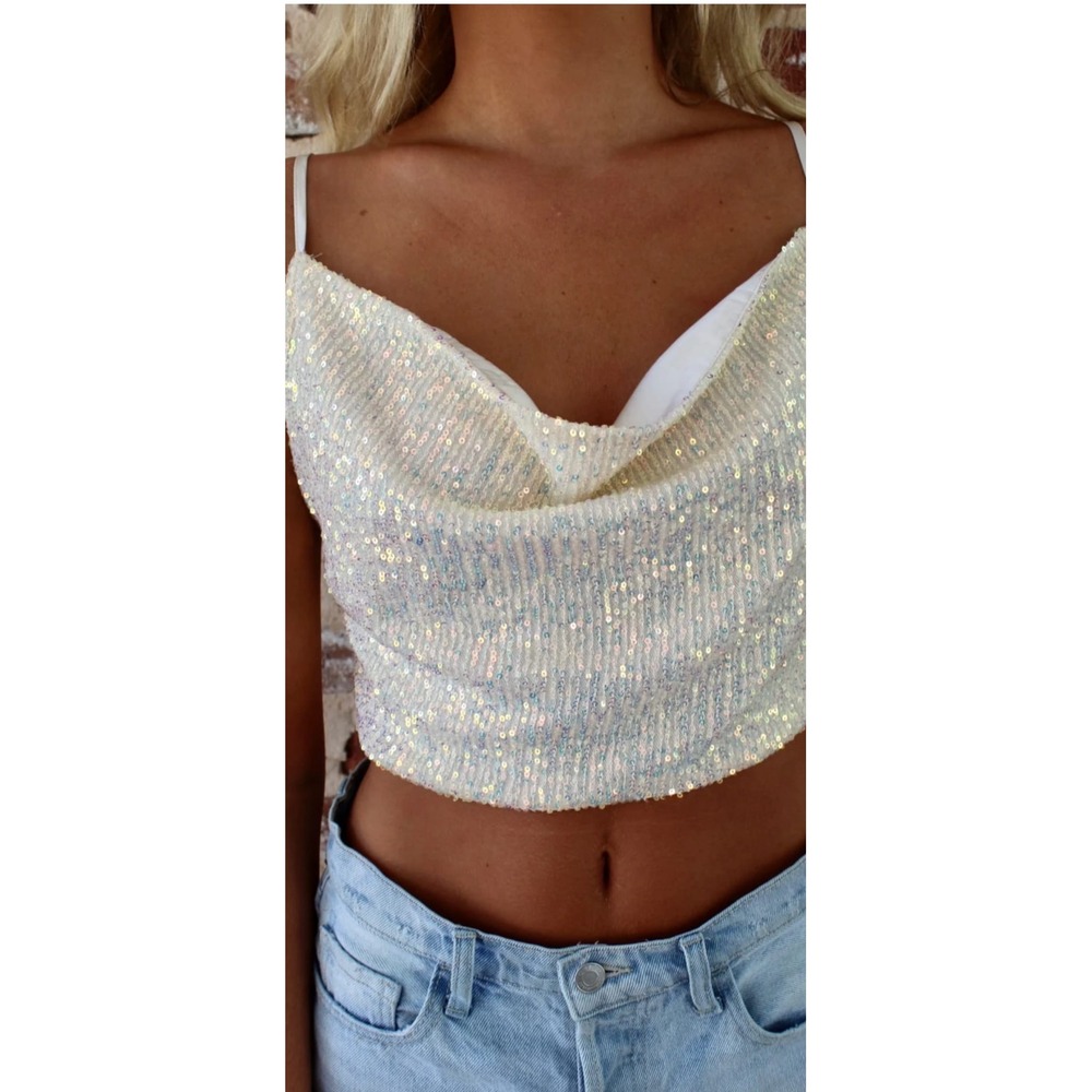 Bear Dance White Sequin Cowl Crop Top